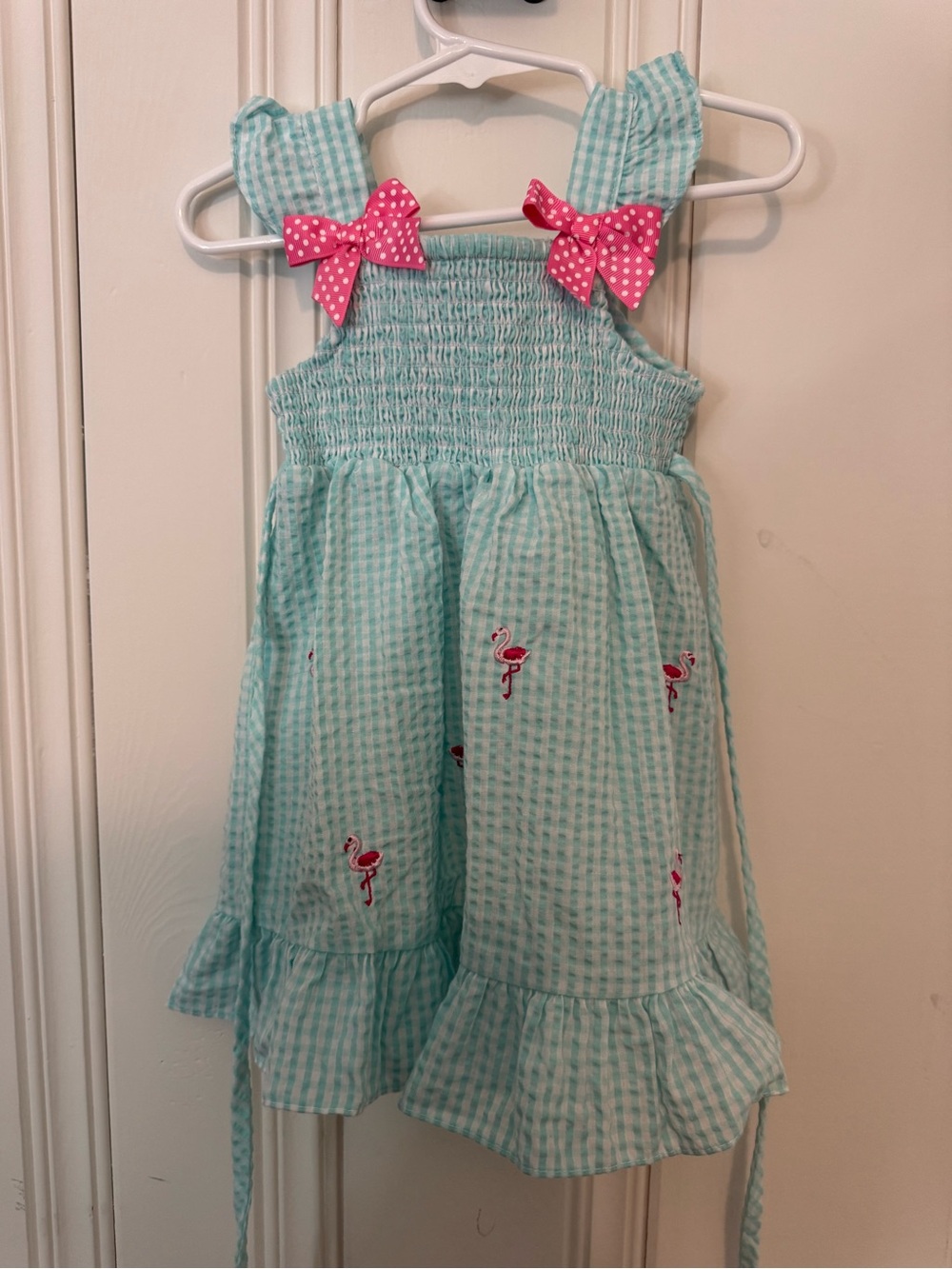 Aqua Gingham Smocked Sundress with Pink Bow Accents - Kids